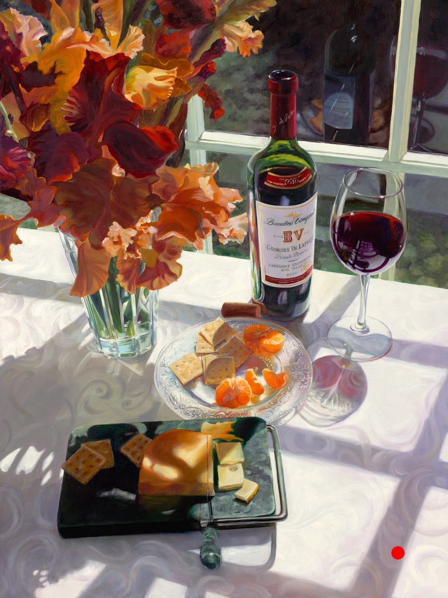 Art of Snacking — wine, cheese, and tangerines on a sunlit tabletop