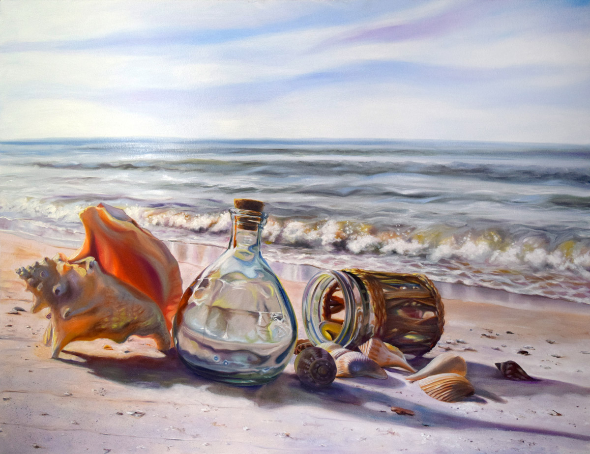 Family Vacation — coastal still life with conch shell and bottle