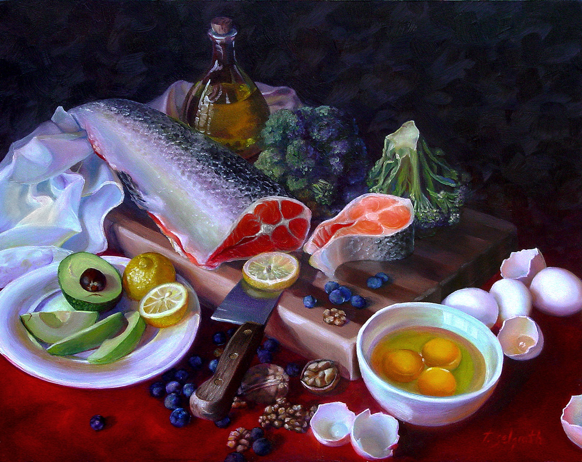 Food for Thought — cutting board still life with salmon, avocado, eggs