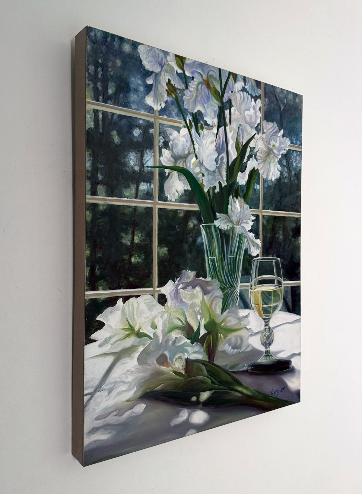 Fresh White self-frame edge — stained wood 2-inch depth, side view of the original oil painting by Trisha Selgrath
