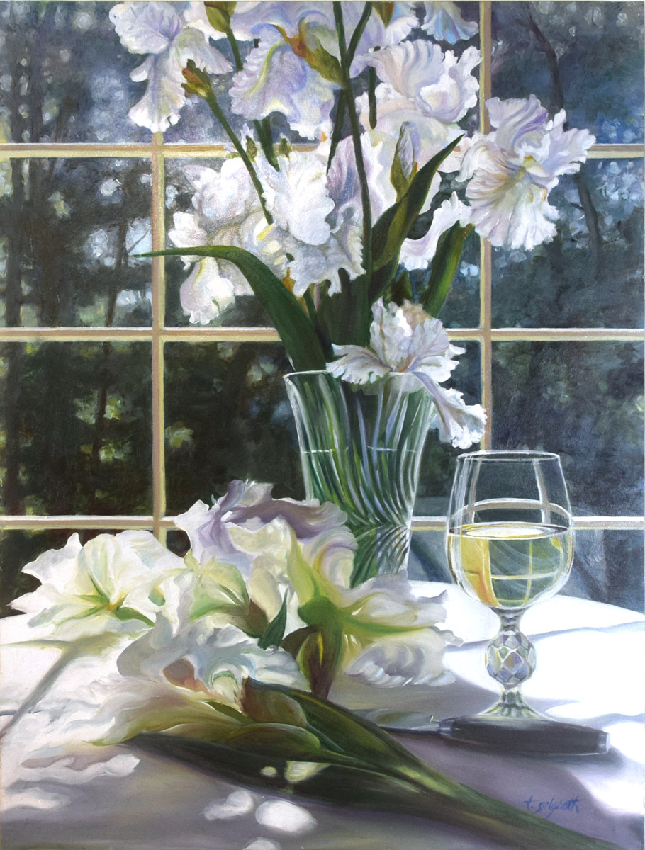 Fresh White — white irises in a crystal vase against window light, with cut blooms and a glass of wine