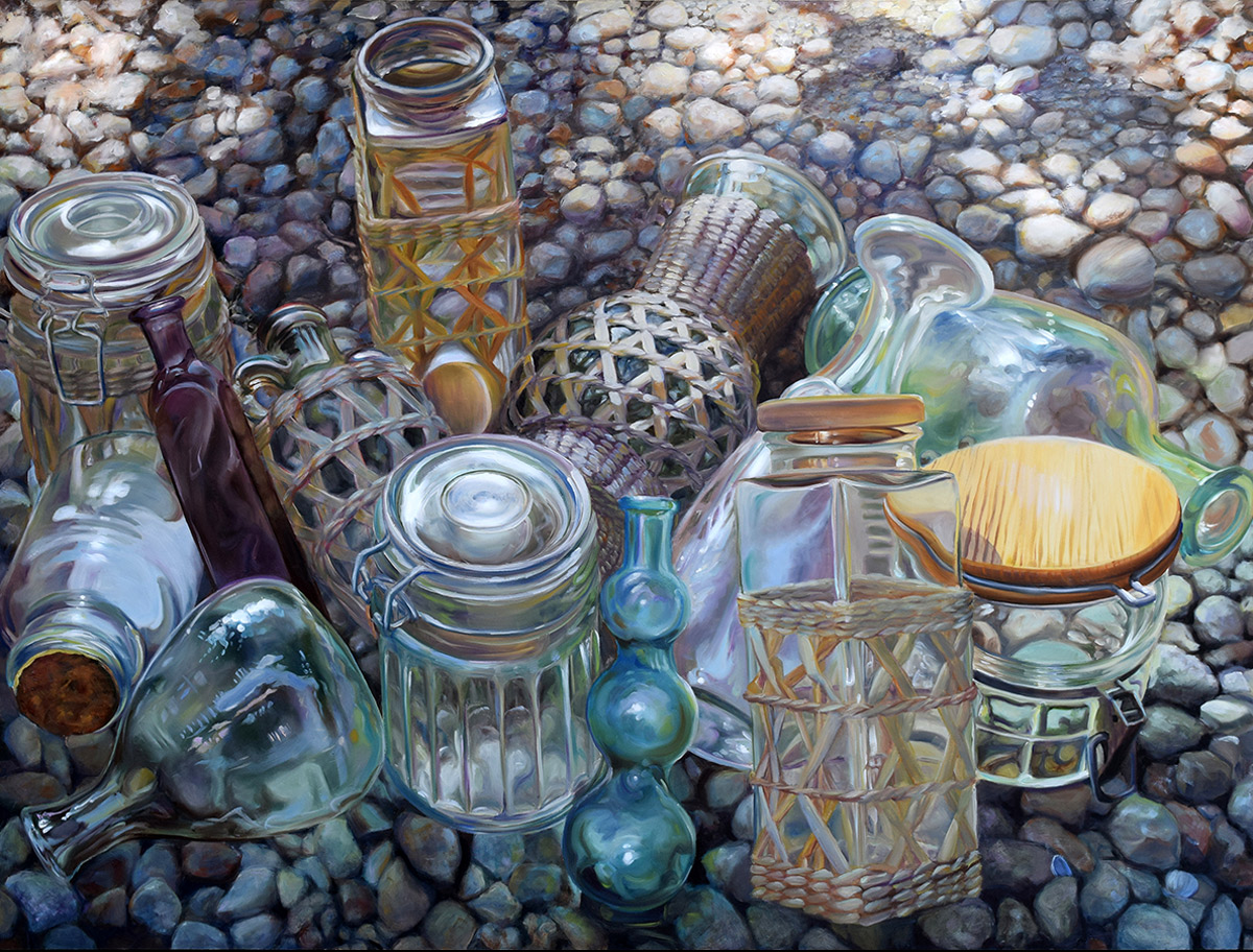 Honored Vessels Too — oil painting of glass jars and bottles on river stones