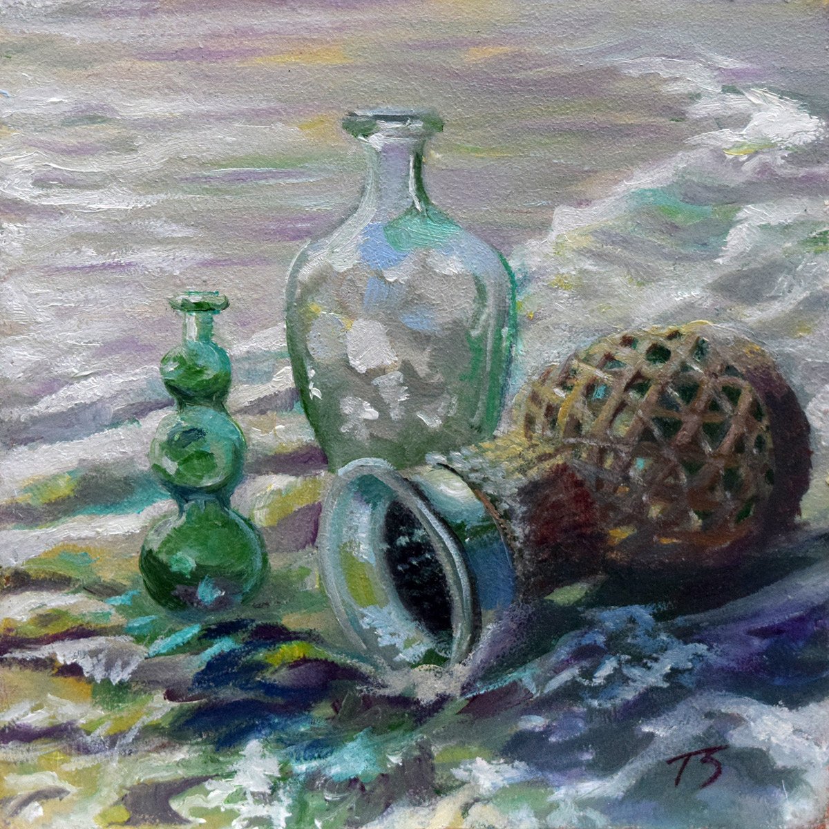 Sea Glass — green glass bottles, a wicker sphere, and a ceramic vessel on the shore