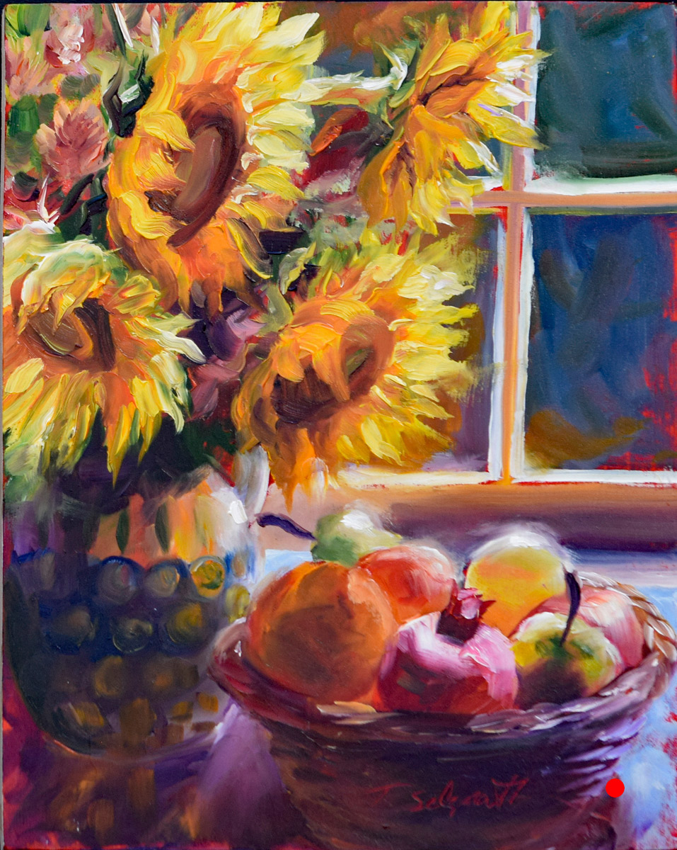 Sunflowers and Fruit — sunflowers in a glass vase with a basket of summer fruit