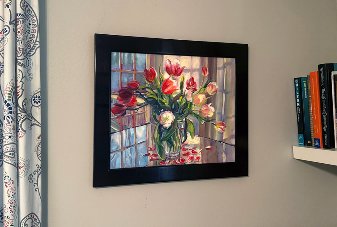 Tumbling Tulips in its frame — original oil painting by Trisha Selgrath, ready to hang