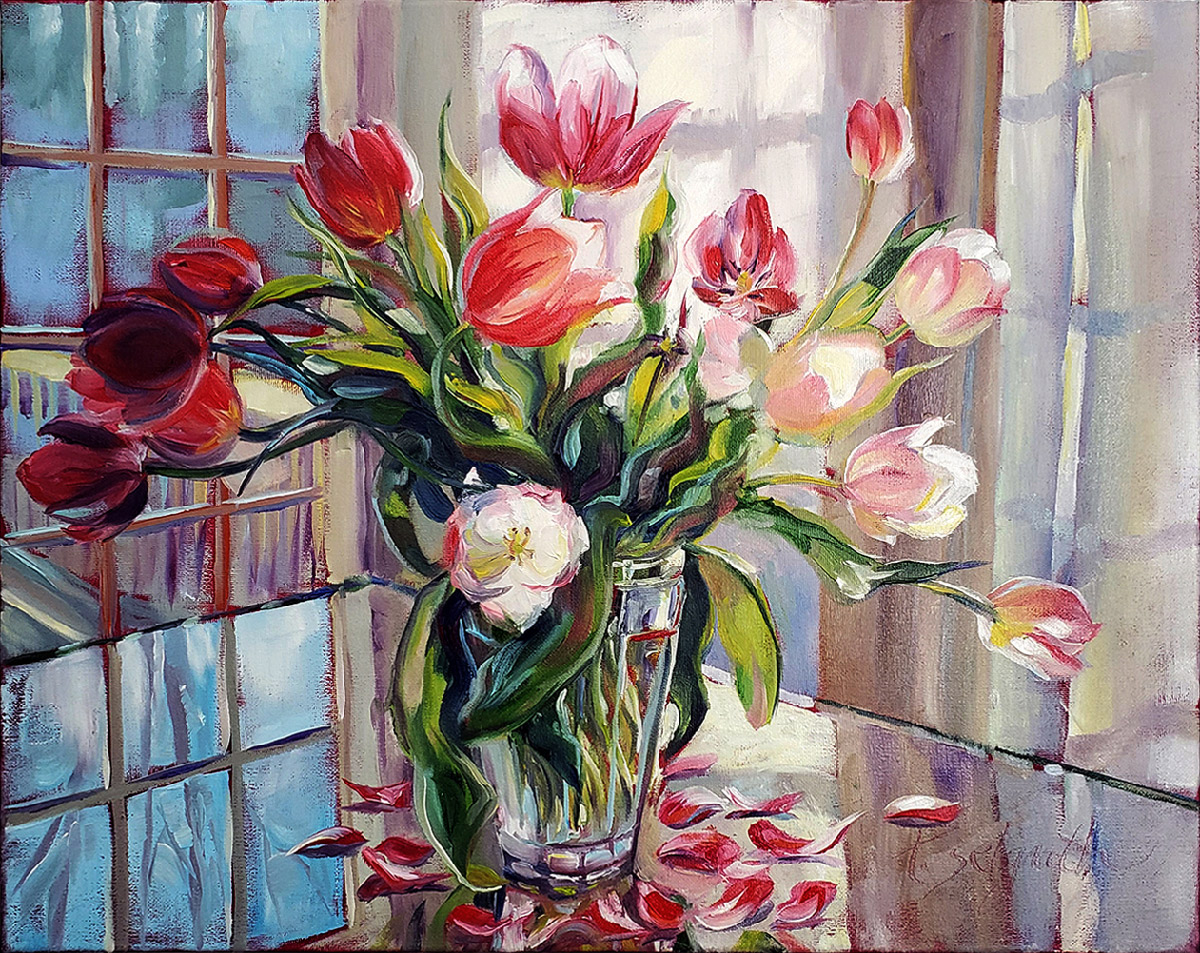 Tumbling Tulips — pink, red, and pale yellow tulips spilling from a glass vase against a windowpane