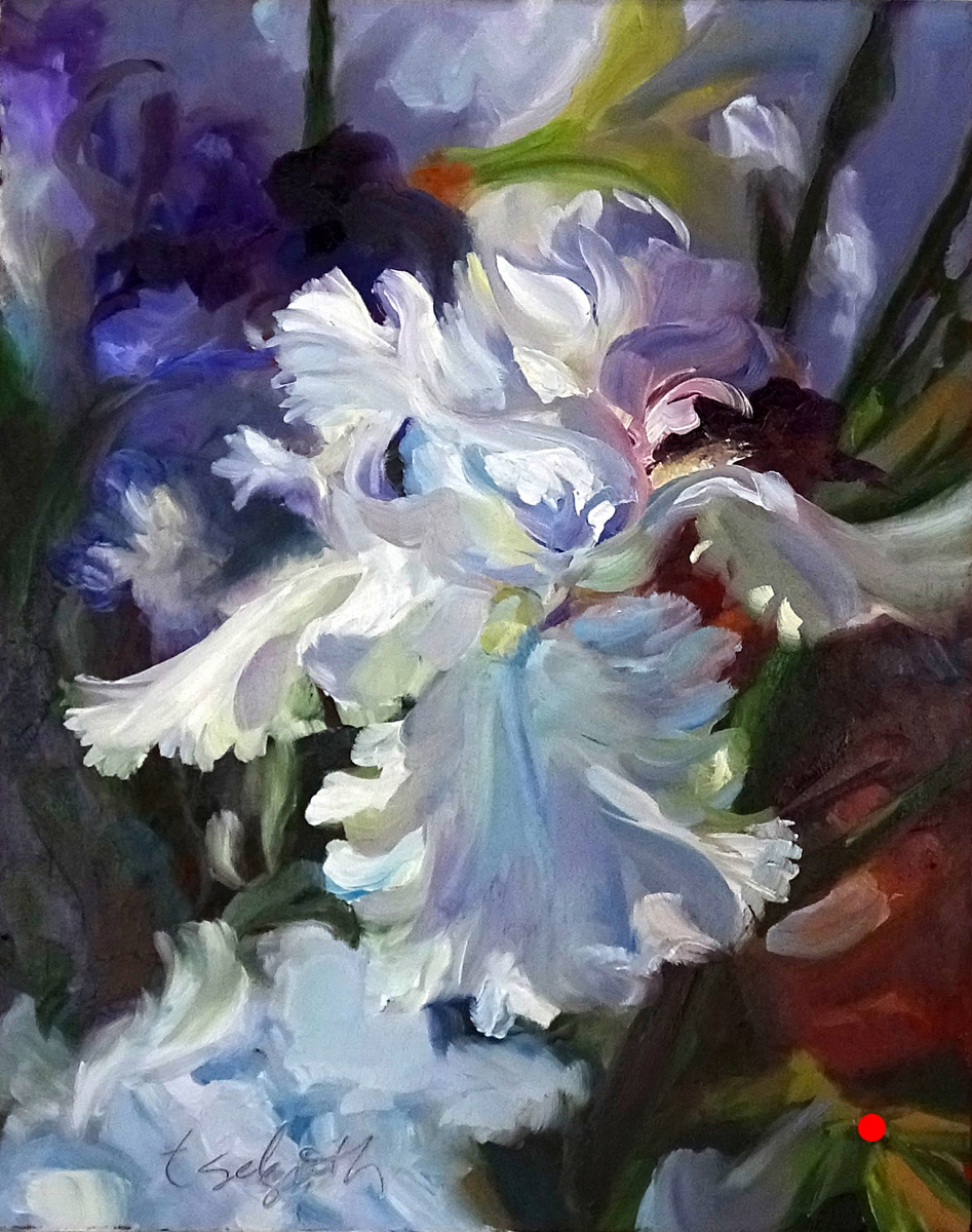 White Iris — purple and white iris garden, oil on canvas
