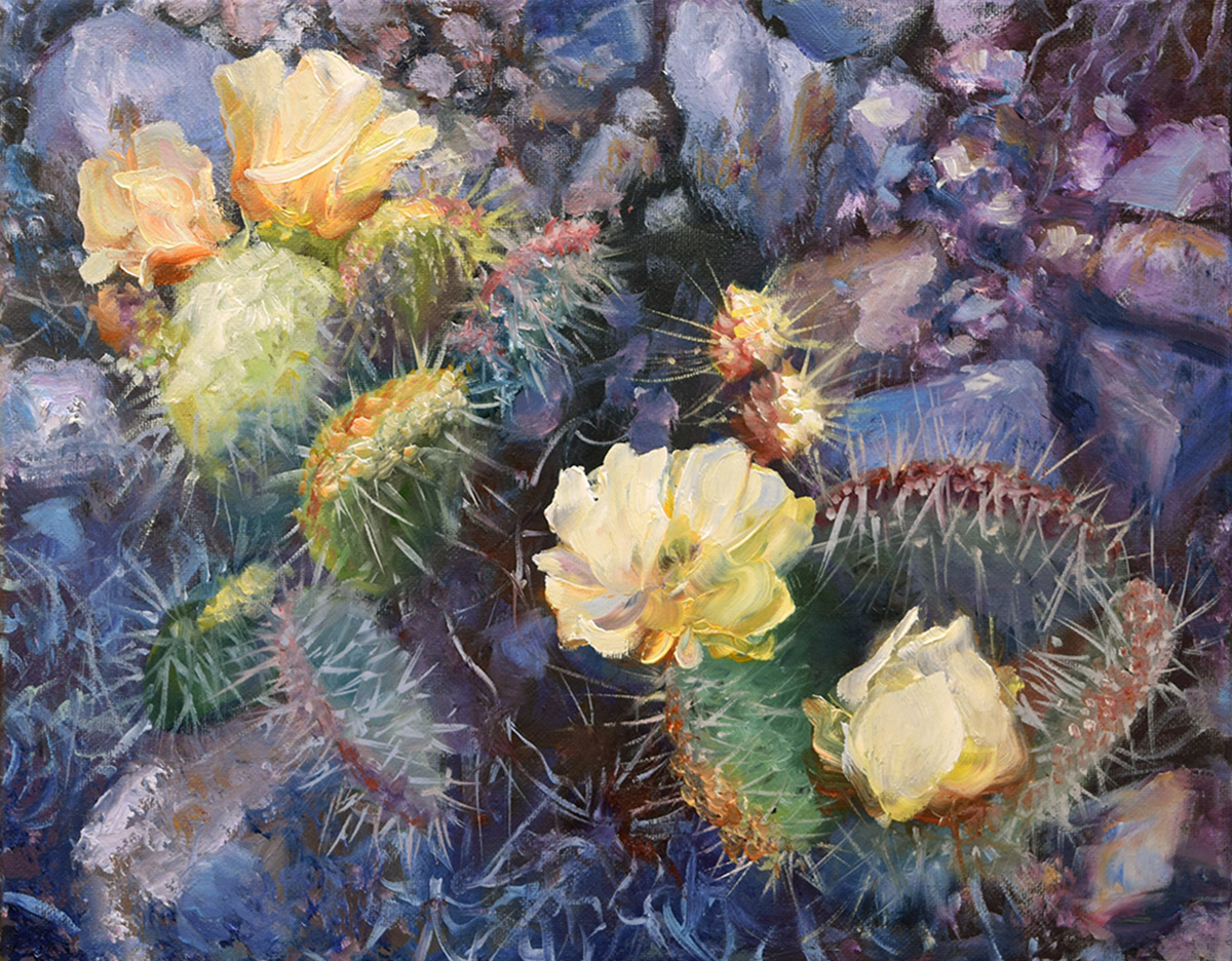 Yellow Cactus — prickly pear blooming yellow flowers on a desert floor of cool blue and violet stones